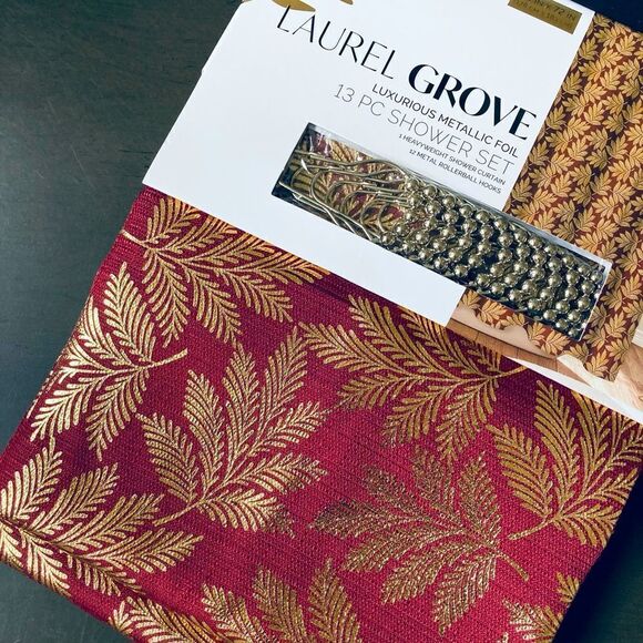 Metallic Gold Burgundy Red Holiday Shower Curtain Set - Picture 1 of 4